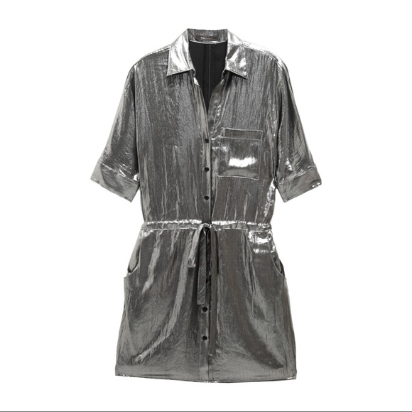 BCBGMaxAzria Silver Gunmetal Metallic Belt Tie Cinched Button Down Dress - Picture 12 of 14